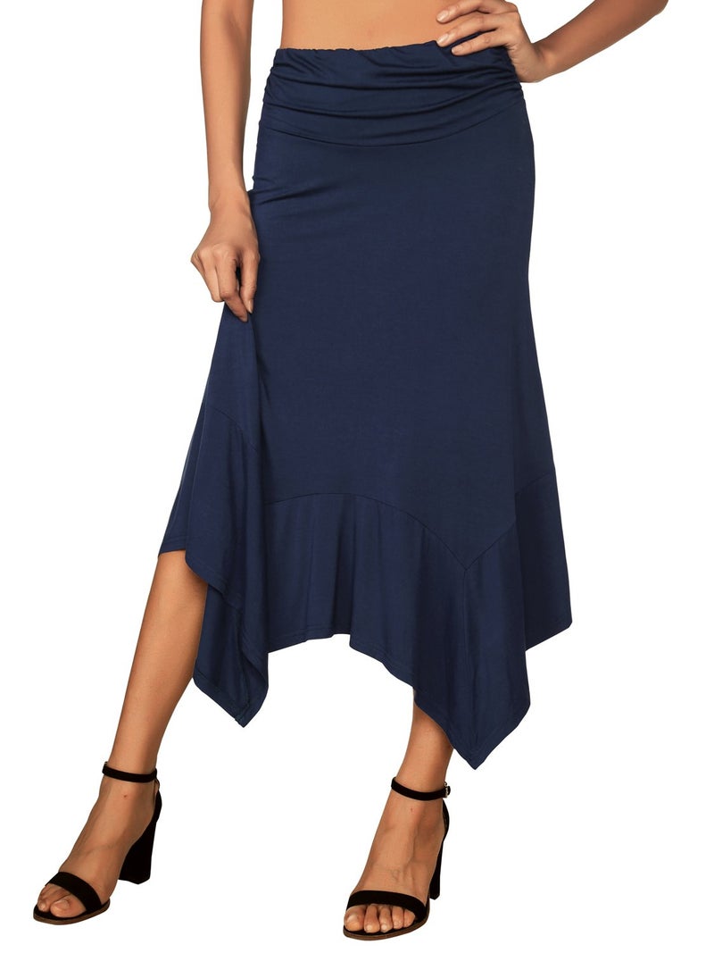 DJT Women's Flowy Handkerchief Hemline Midi Skirt Medium Navy - Image 2
